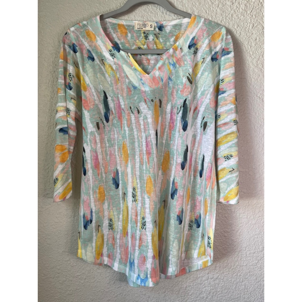 Atelier 5 By Gozde Yilmaz Women's Abstract‎ Print V Neck 3/4 Sleeve Top Size S